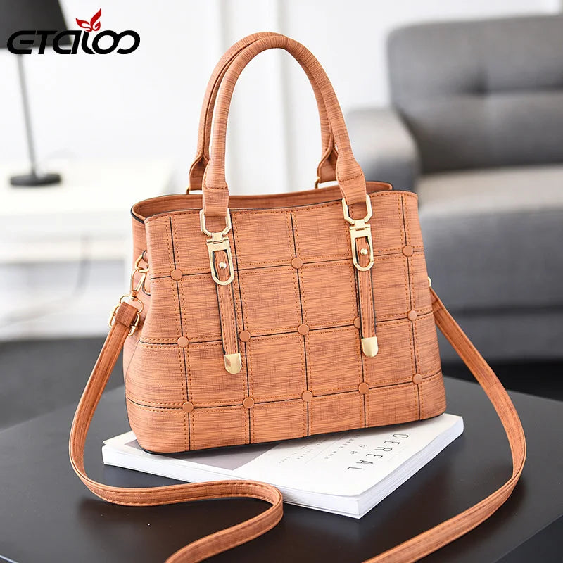 PU Leather Large Capacity Woman Handbag Grid Shoulder Bag Casual Crossbody Bag L
