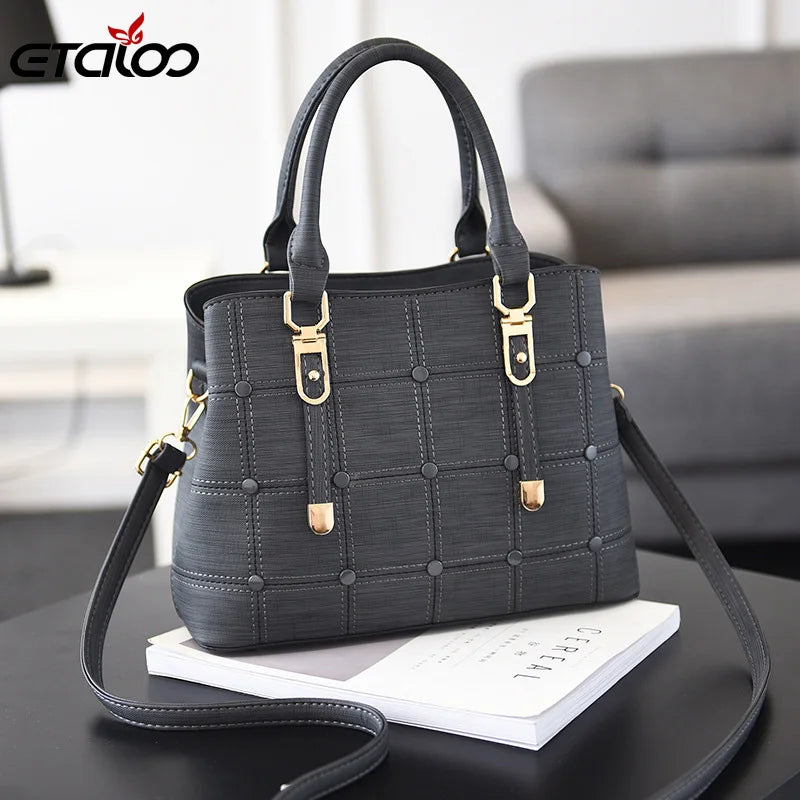 PU Leather Large Capacity Woman Handbag Grid Shoulder Bag Casual Crossbody Bag L
