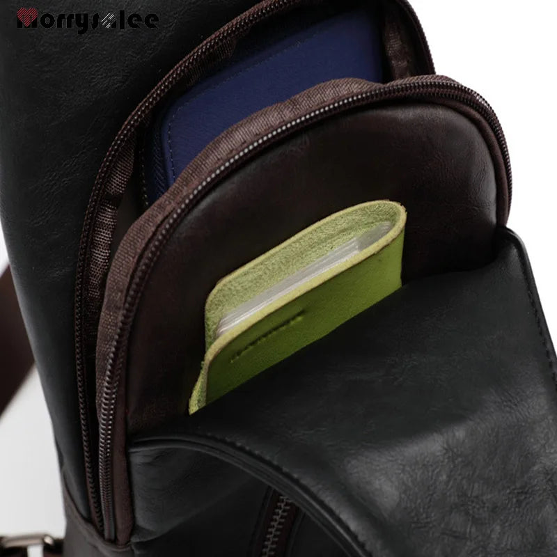 PU Leather Men's Chest Bag Shoulder Bag Theftproof Button Open