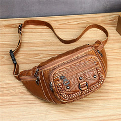PU Leather Mens Waist Belt Pack Brown Hip Pouch Travel Storage Bag