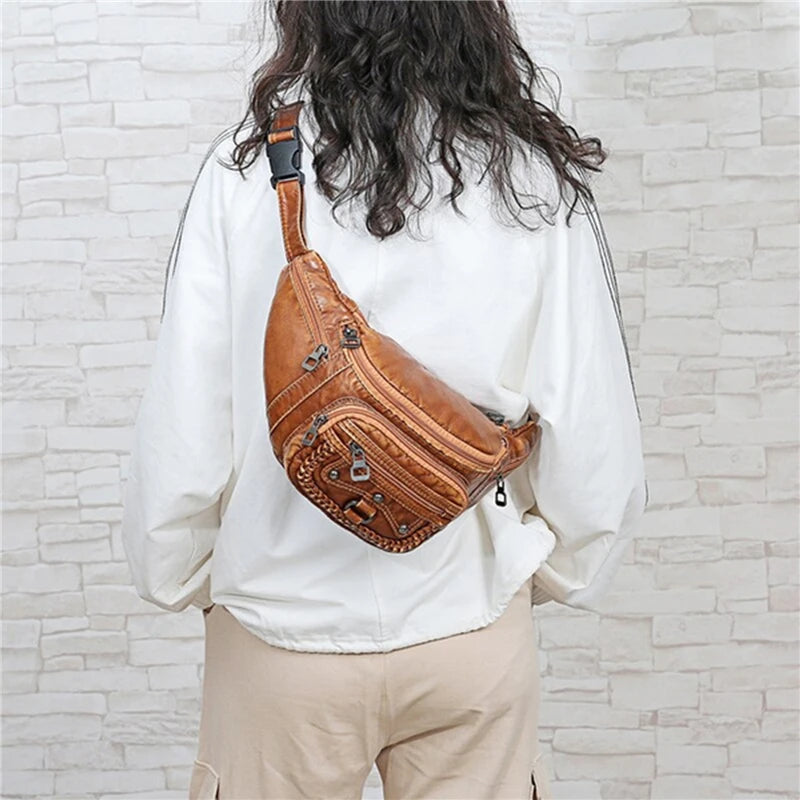 PU Leather Mens Waist Belt Pack Brown Hip Pouch Travel Storage Bag