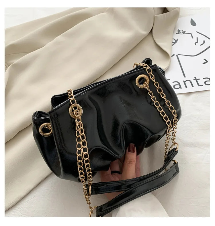 Retro Hobo Handbag for Women Ruched Pleated Chain Strap Shoulder Bag