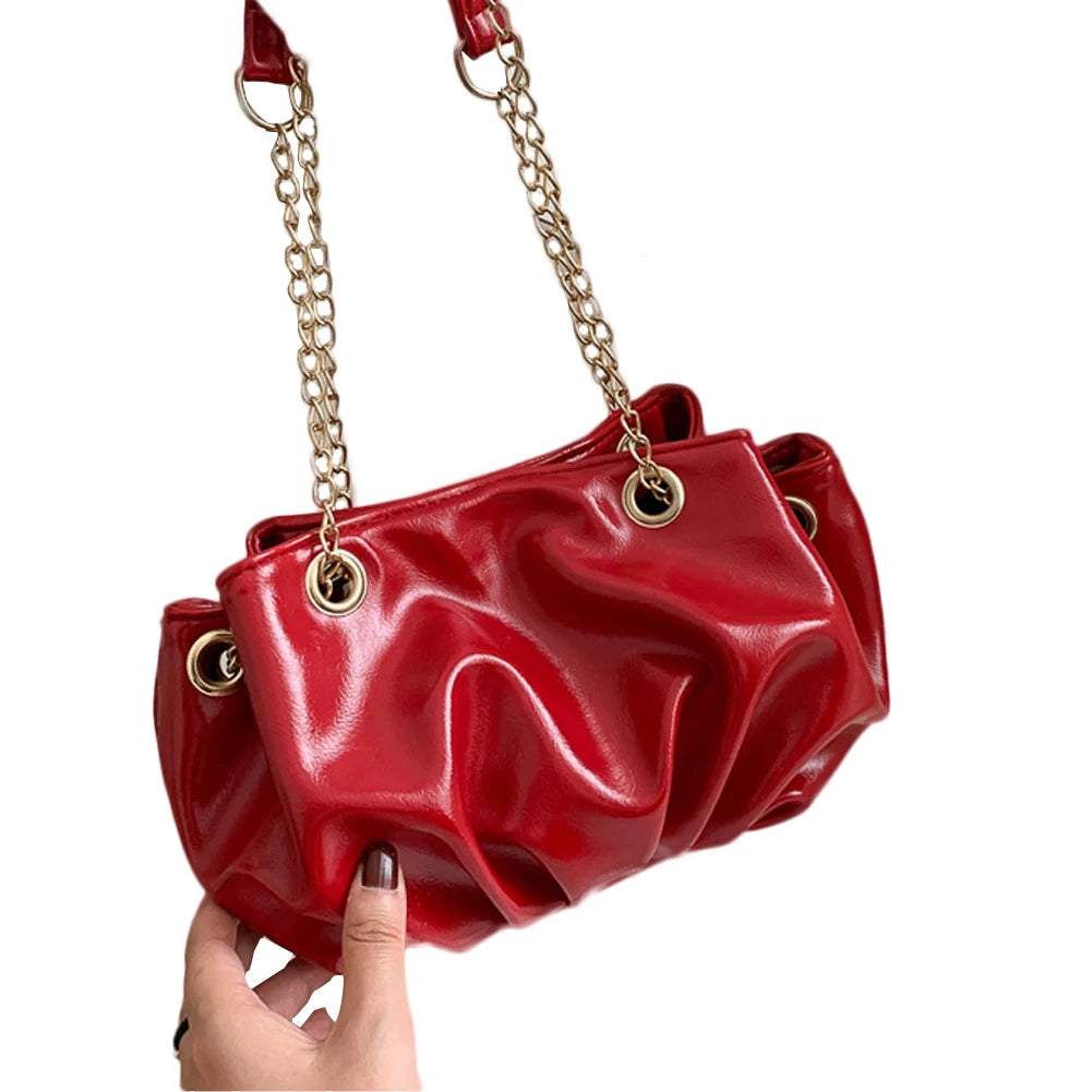 Retro Hobo Handbag for Women Ruched Pleated Chain Strap Shoulder Bag