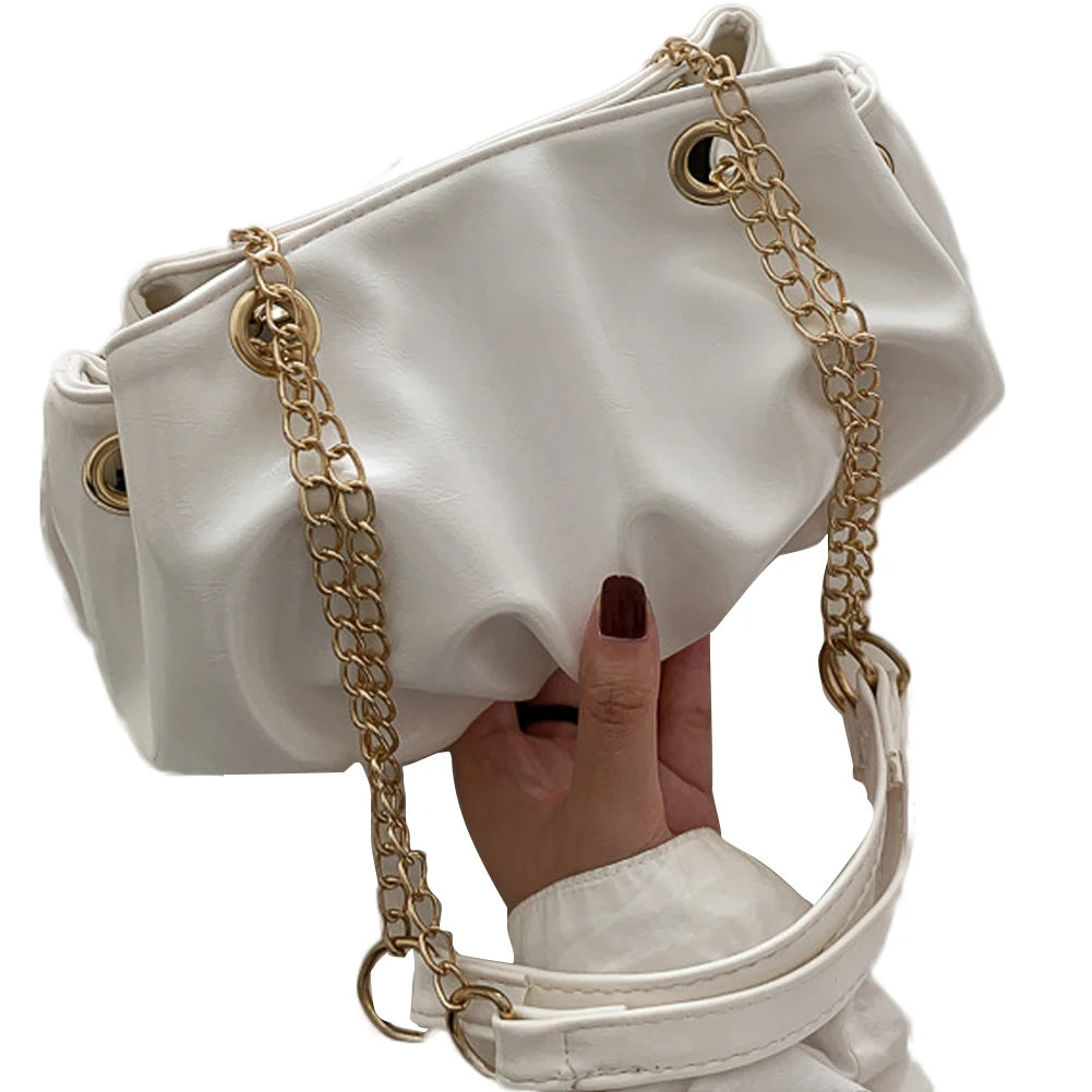 Retro Hobo Handbag for Women Ruched Pleated Chain Strap Shoulder Bag
