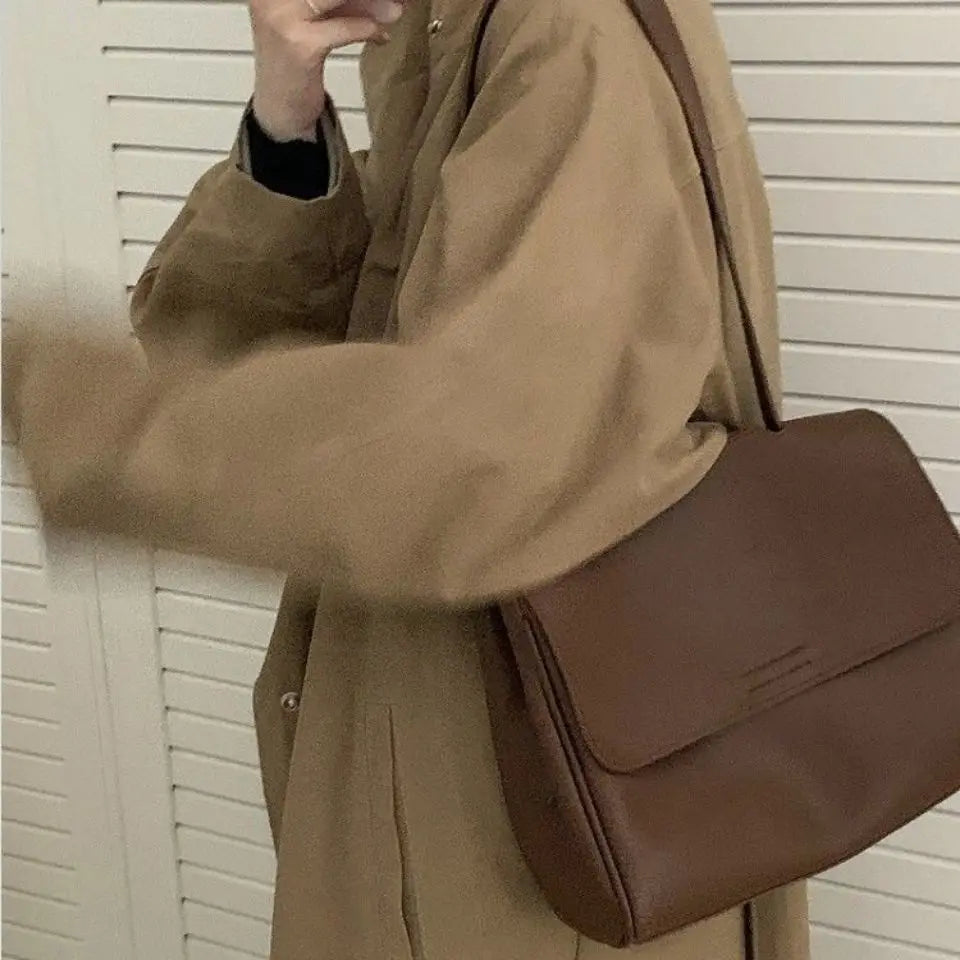 Vintage PU Leather Shoulder Bag Women Large Capacity Mori-girl Bucket