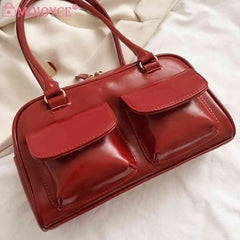 PU Leather Shoulder Handbags Double Pocket Underarm Bag Casual Zipper