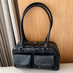 PU Leather Shoulder Handbags Double Pocket Underarm Bag Casual Zipper