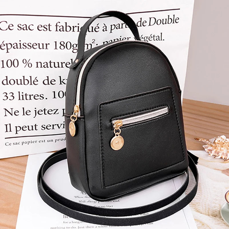 PU Leather Small Backpack Teenage Girls Zipper Shoulder Bag Knapsack