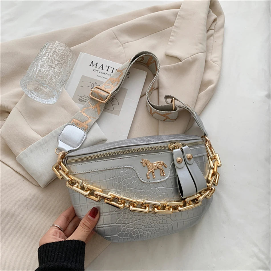 Women's PU Leather Waist Pack Chest Bag Phone Handbag Purse Chain Travel Belt