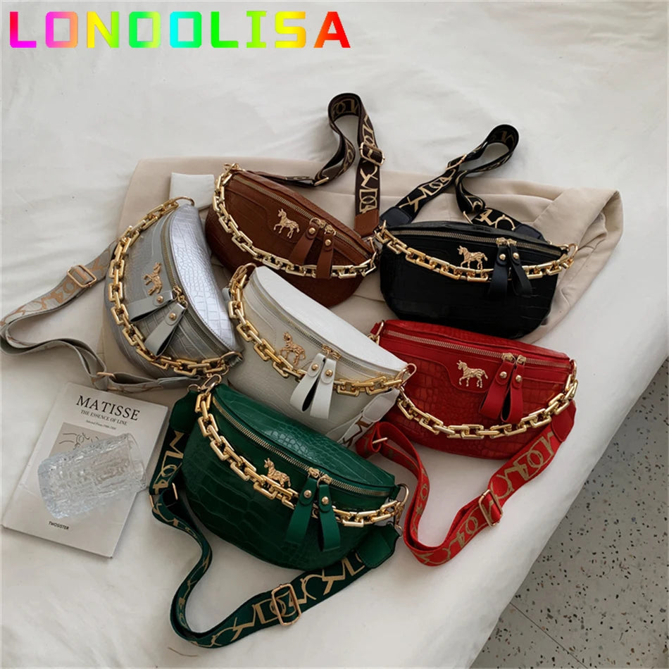 Women's PU Leather Waist Pack Chest Bag Phone Handbag Purse Chain Travel Belt