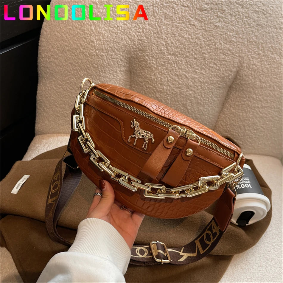 Women's PU Leather Waist Pack Chest Bag Phone Handbag Purse Chain Travel Belt