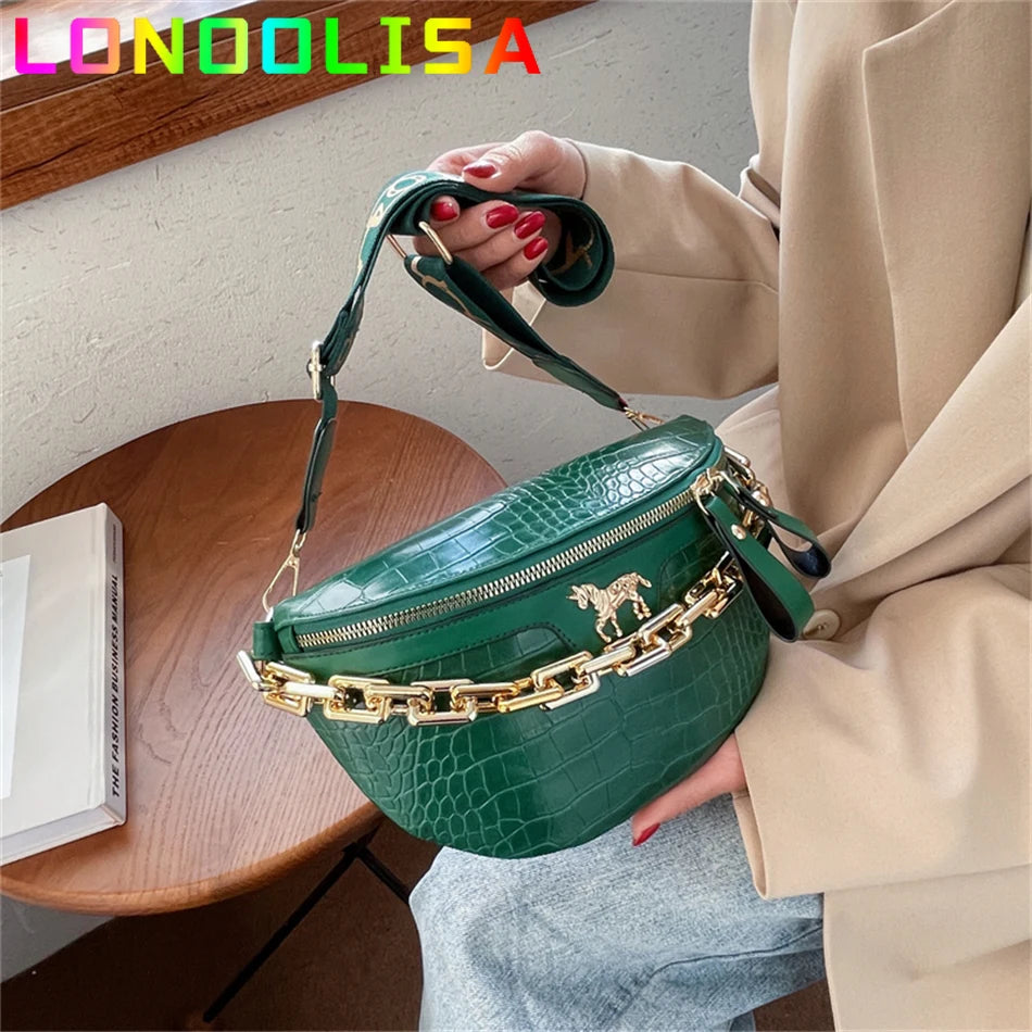 Women's PU Leather Waist Pack Chest Bag Phone Handbag Purse Chain Travel Belt