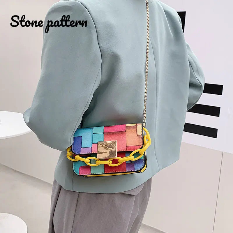 Rainbow Color Chain Crossbody Bags Casual PU Leather Handbags Girls Shoppers