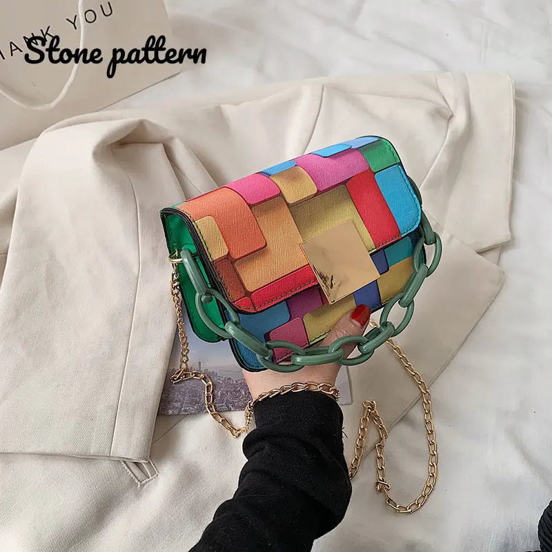 Rainbow Color Chain Crossbody Bags Casual PU Leather Handbags Girls Shoppers