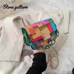 Rainbow Color Chain Crossbody Bags Casual PU Leather Handbags Girls Shoppers