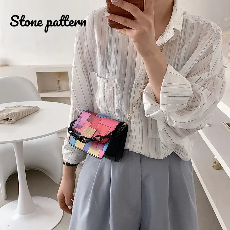 Rainbow Color Chain Crossbody Bags Casual PU Leather Handbags Girls Shoppers