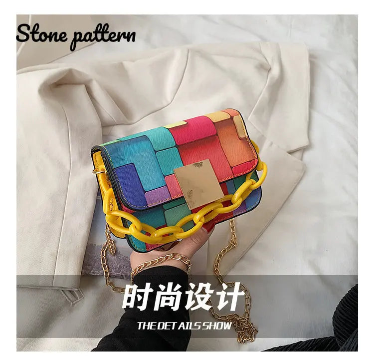 Rainbow Color Chain Crossbody Bags Casual PU Leather Handbags Girls Shoppers