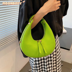 PU Leather Women Handbag Purses Double Zipper Crescent