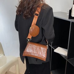 PU Leather Embroidered Thread Women Shoulder Bag Crossbody Messenger Handbag