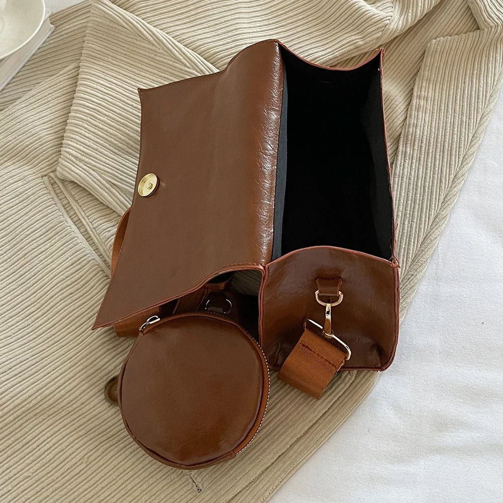 PU Leather Embroidered Thread Women Shoulder Bag Crossbody Messenger Handbag