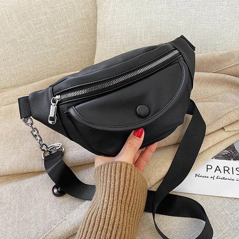 PU Leather Women Waist Pack Hip Fanny Pack Chest Bag Solid Female Belt Purse