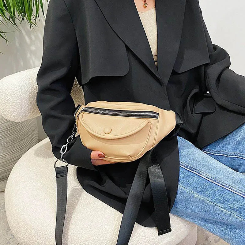 PU Leather Women Waist Pack Hip Fanny Pack Chest Bag Solid Female Belt Purse
