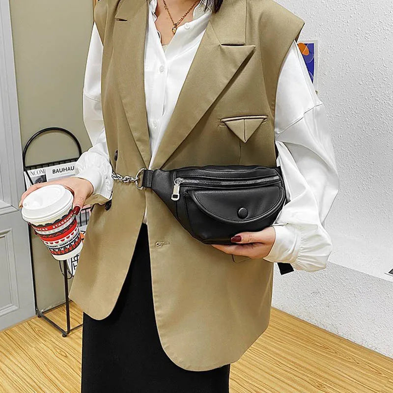 PU Leather Women Waist Pack Hip Fanny Pack Chest Bag Solid Female Belt Purse