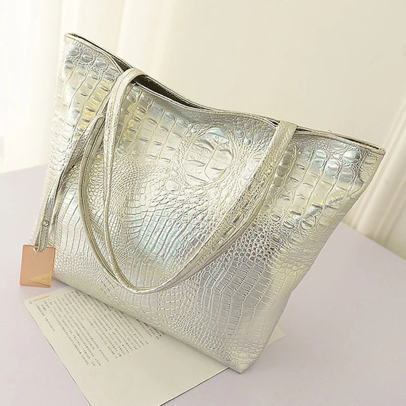 Crocodile Print PU Shoulder Bag Women Large Capacity Handbag Bucket Shopper Bag