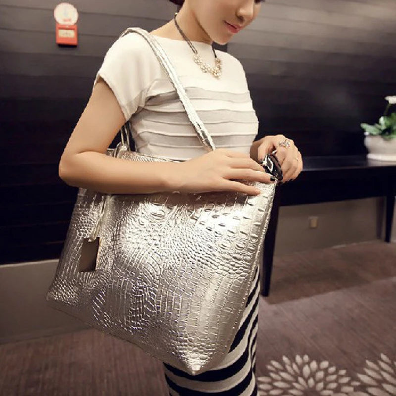 Crocodile Print PU Shoulder Bag Women Large Capacity Handbag Bucket Shopper Bag