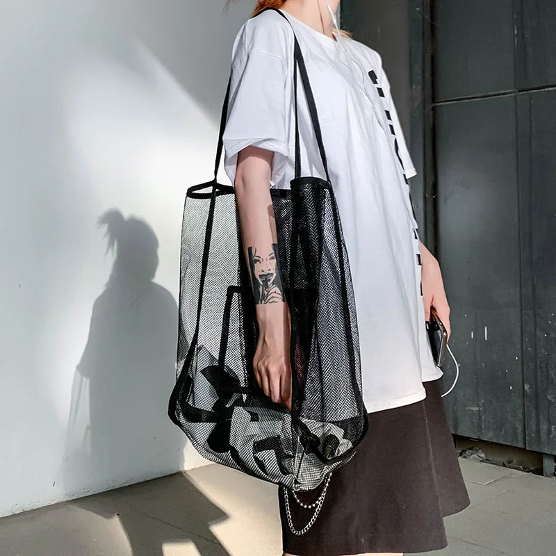 Large Mesh Shopping Bag Reusable Transparent One Shoulder Beach Bag