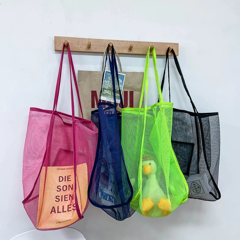 Large Mesh Shopping Bag Reusable Transparent One Shoulder Beach Bag