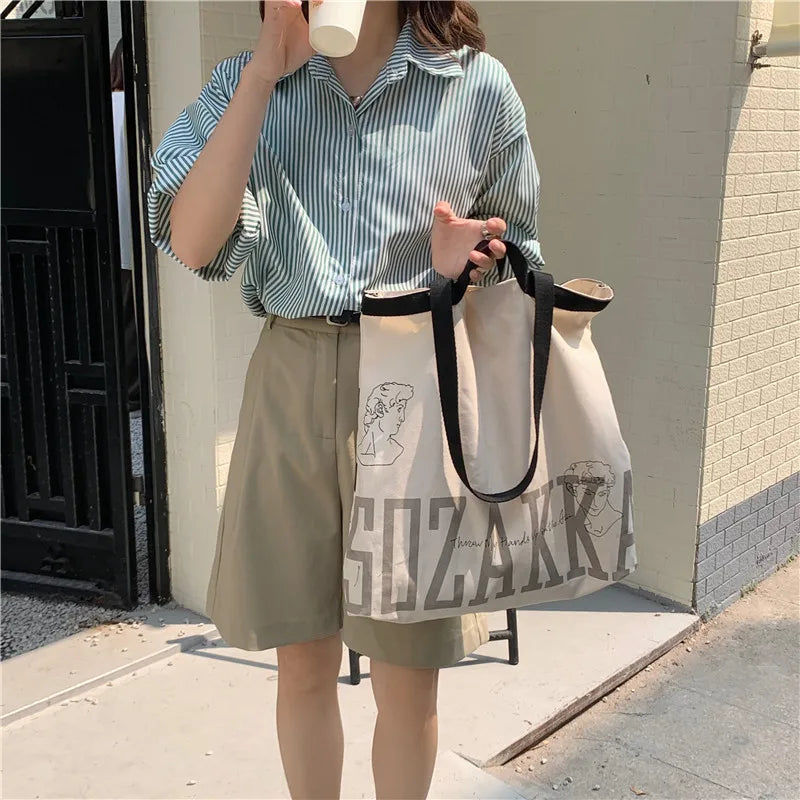 Canvas Letter Printing Large Shopping Bag Women Handbag Tote