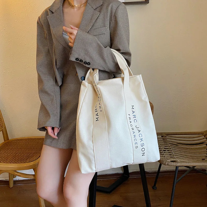 Minimalist Letter Shoulder Tote Bag Large Canvas Reusable Shopping Bag
