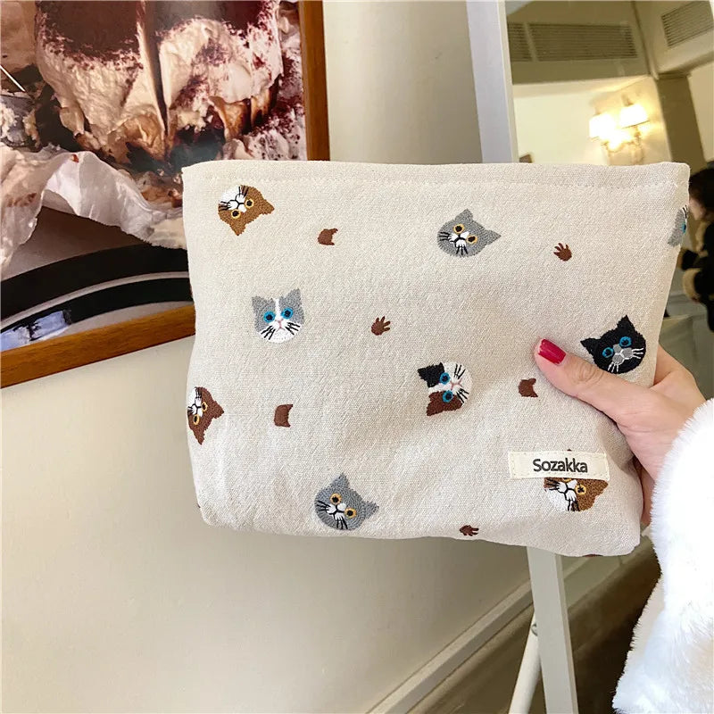 Embroidery Cat Cosmetic Bag Large Makeup Travel Beauty Case