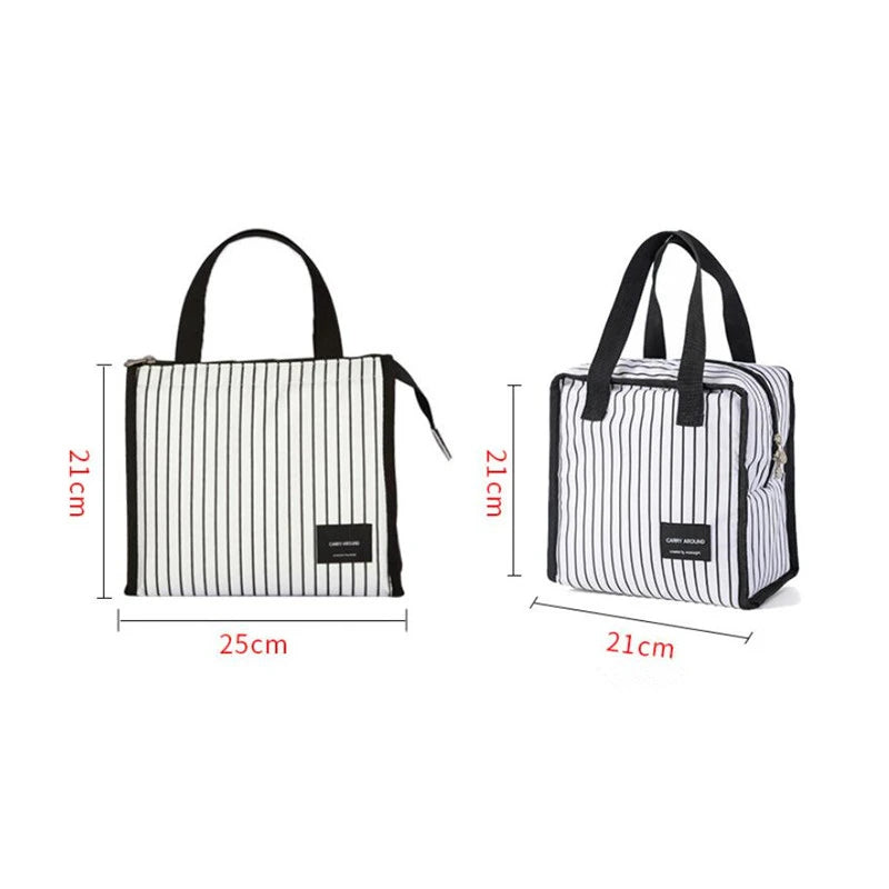 Portable Stripe Lunch Bag for Women Insulated Tote Container Bento Organizer