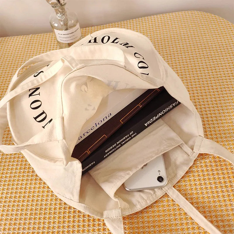 Round Shape Women Tote Bag Canvas Letter Decoration Handbag