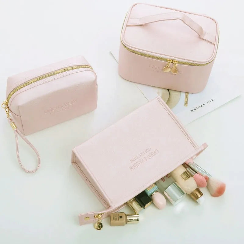 Pink PU Leather Cosmetic Bag Makeup Organizer Travel Waterproof