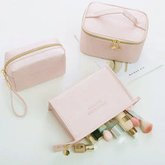 Pink PU Leather Cosmetic Bag Makeup Organizer Travel Waterproof