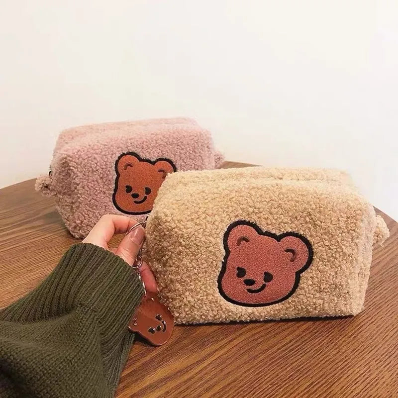 Winter Warm Lambswool Cosmetic Bag for Women Bear Makeup Organizer Case Travel L