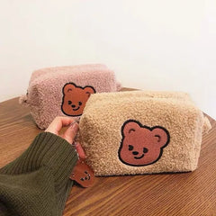Winter Warm Lambswool Cosmetic Bag for Women Bear Makeup Organizer Case Travel L