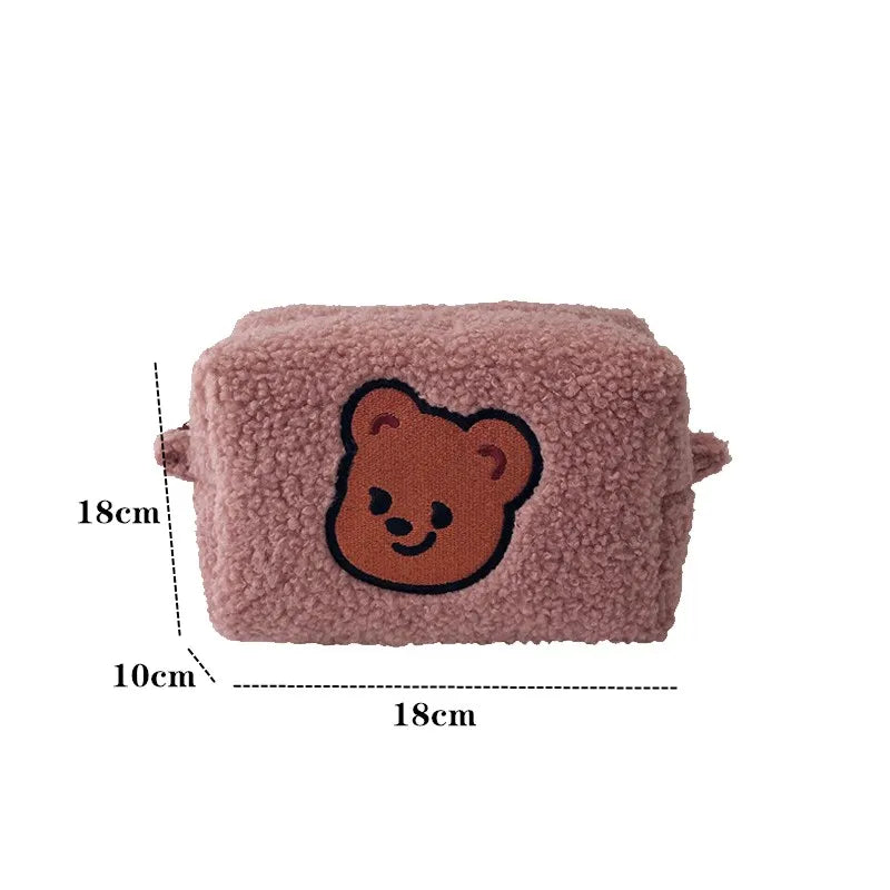 Winter Warm Lambswool Cosmetic Bag for Women Bear Makeup Organizer Case Travel L