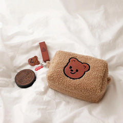 Winter Warm Lambswool Cosmetic Bag for Women Bear Makeup Organizer Case Travel L