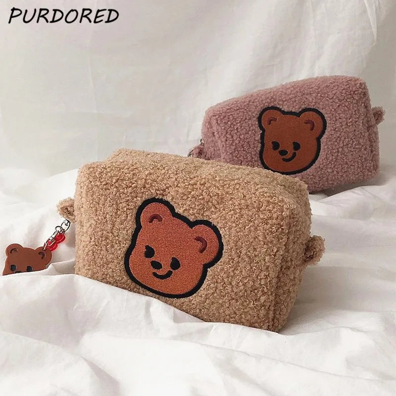 Winter Warm Lambswool Cosmetic Bag for Women Bear Makeup Organizer Case Travel L