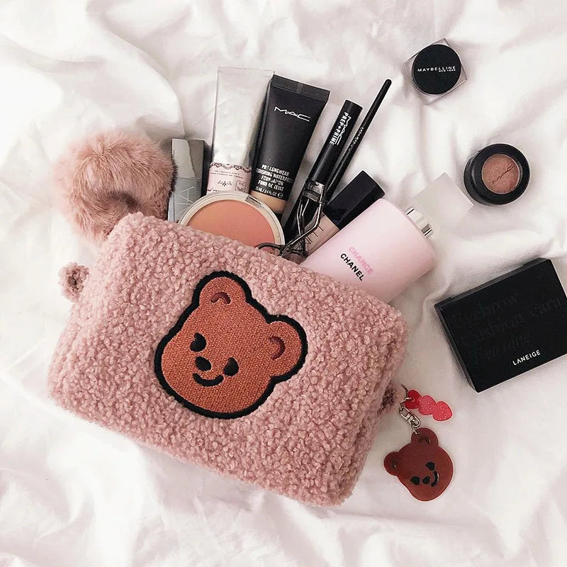 Winter Warm Lambswool Cosmetic Bag for Women Bear Makeup Organizer Case Travel L