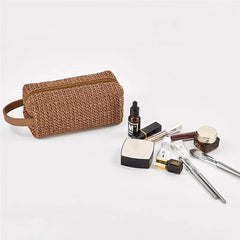 Women Grass Weave Makeup Bag Summer Travel Cosmetic Beauty Kit