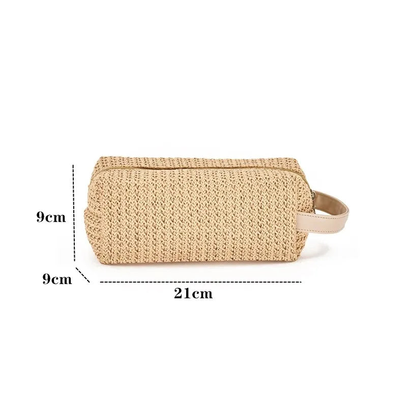 Women Grass Weave Makeup Bag Summer Travel Cosmetic Beauty Kit