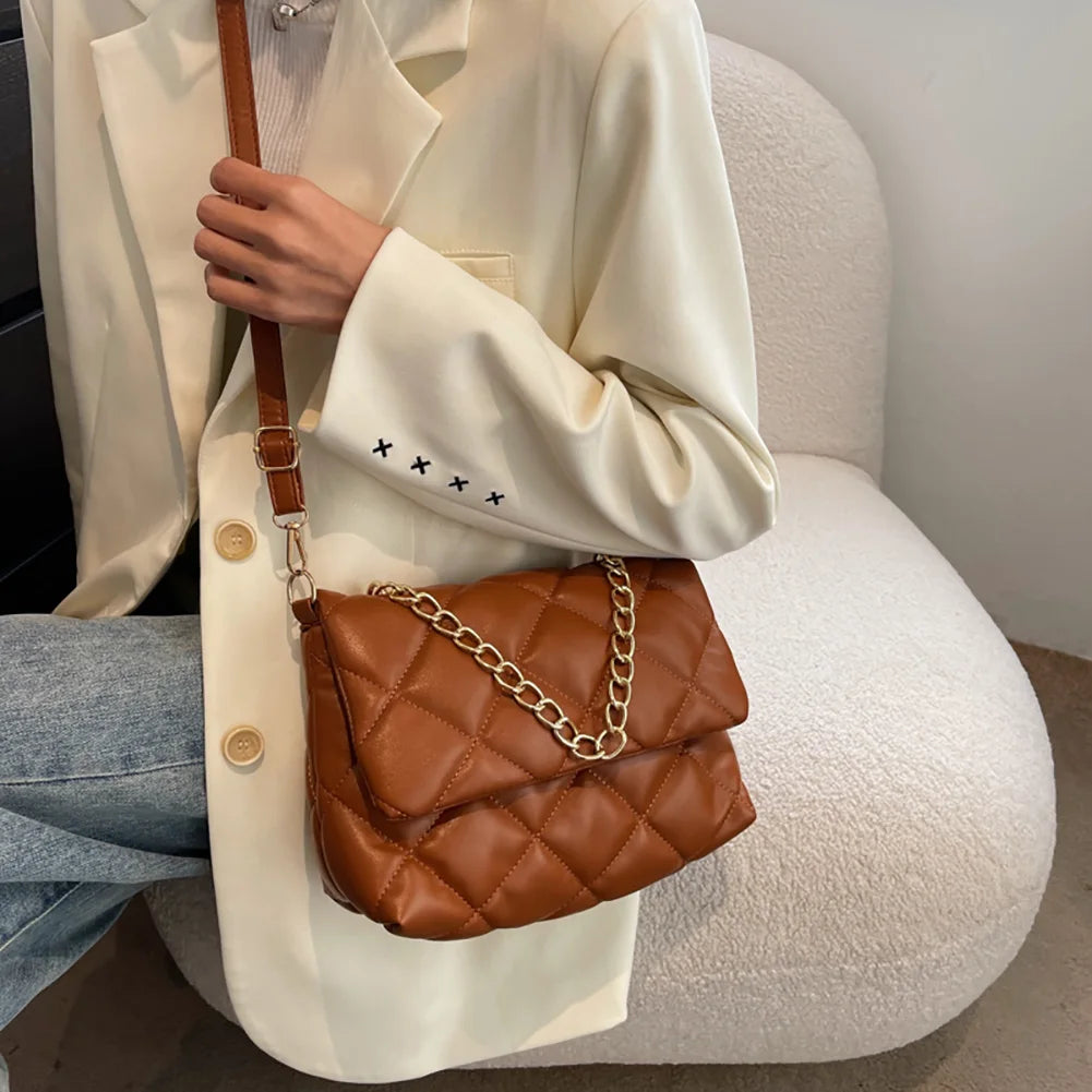 Quilted PU Leather Shoulder Bag Women Winter Embroidery Crossbody Totes