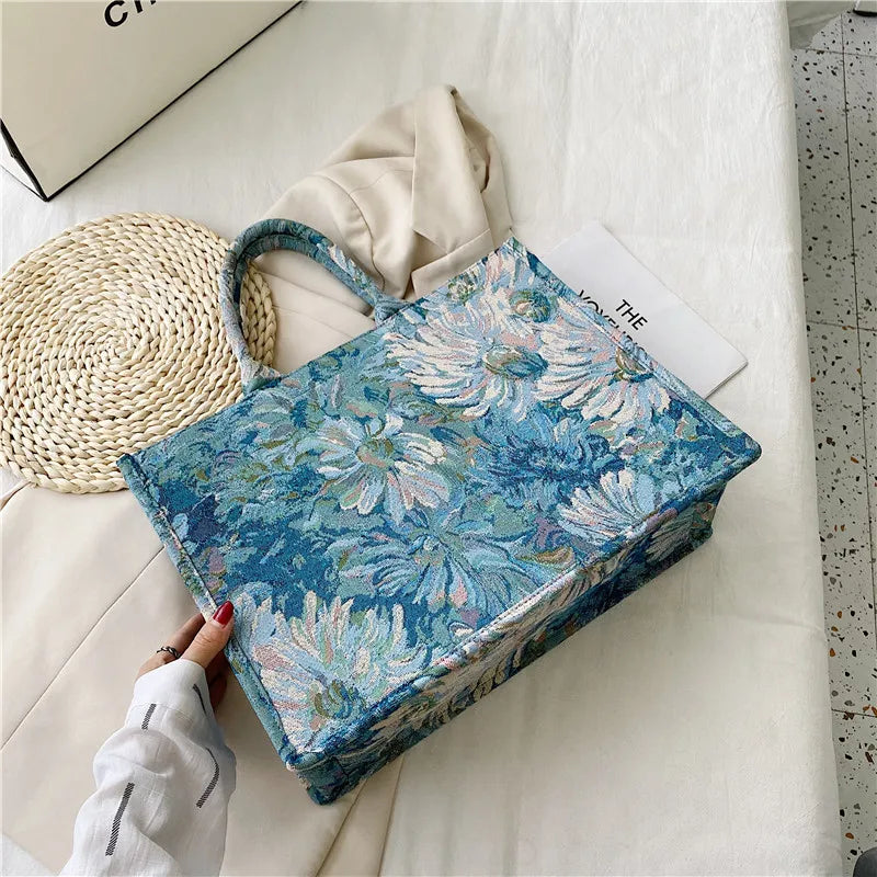 Large Canvas Tote Flower Painting Summer Handbag