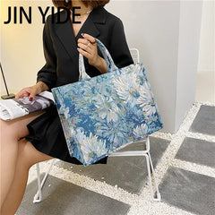 Large Canvas Tote Flower Painting Summer Handbag