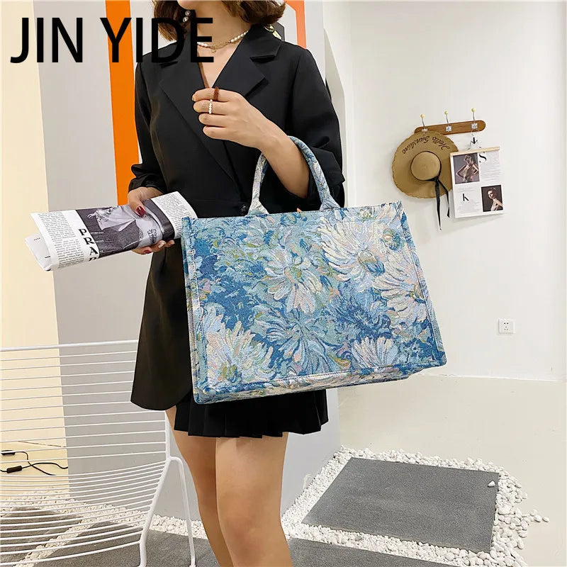 Large Canvas Tote Flower Painting Summer Handbag